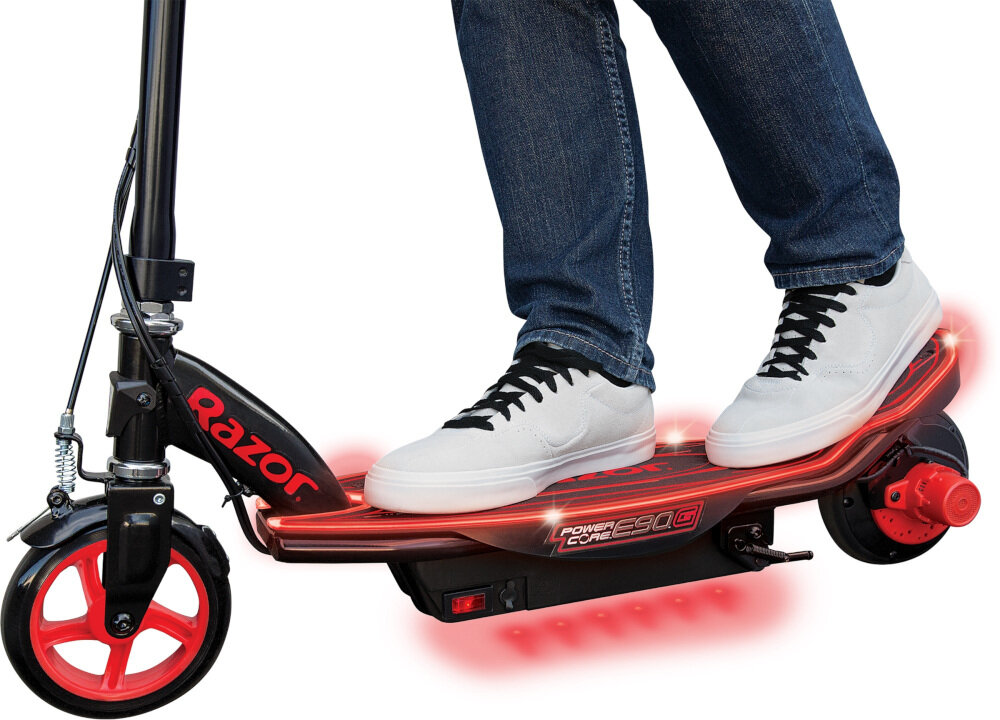 Hulajnoga elektryczna RAZOR Power Core E90 Glow Czarno-czerwony oświetlenie podświetlany stopień 6 diod LED na spodzie