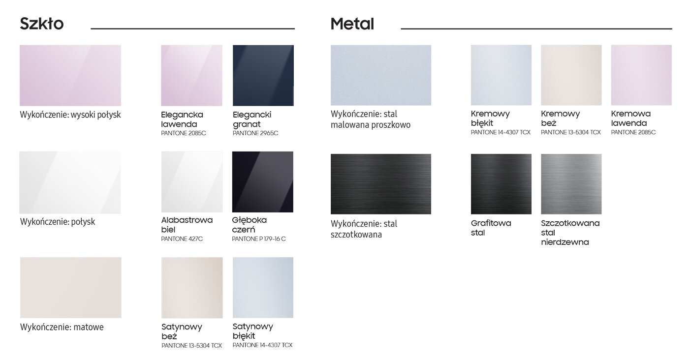 Tabela przedstawia warianty wykończenia urządzeń z serii BESPOKE. Dostępne opcje obowiązują również w przypadku modelu Samsung Twin RZ32A748522. Tabela przedstawia warianty wykończenia urządzeń z serii BESPOKE. Dostępne opcje obowiązują również w przypadku modelu Samsung Twin RZ32A748522.