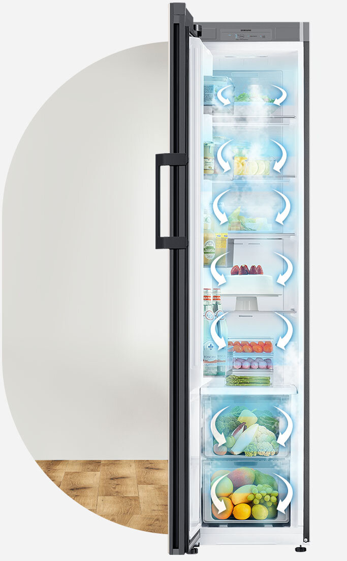 Na fotografię otwartej chłodziarki nałożono schemat przedstawiający obieg zimnego powietrza w systemie chłodzenia All Around Cooling