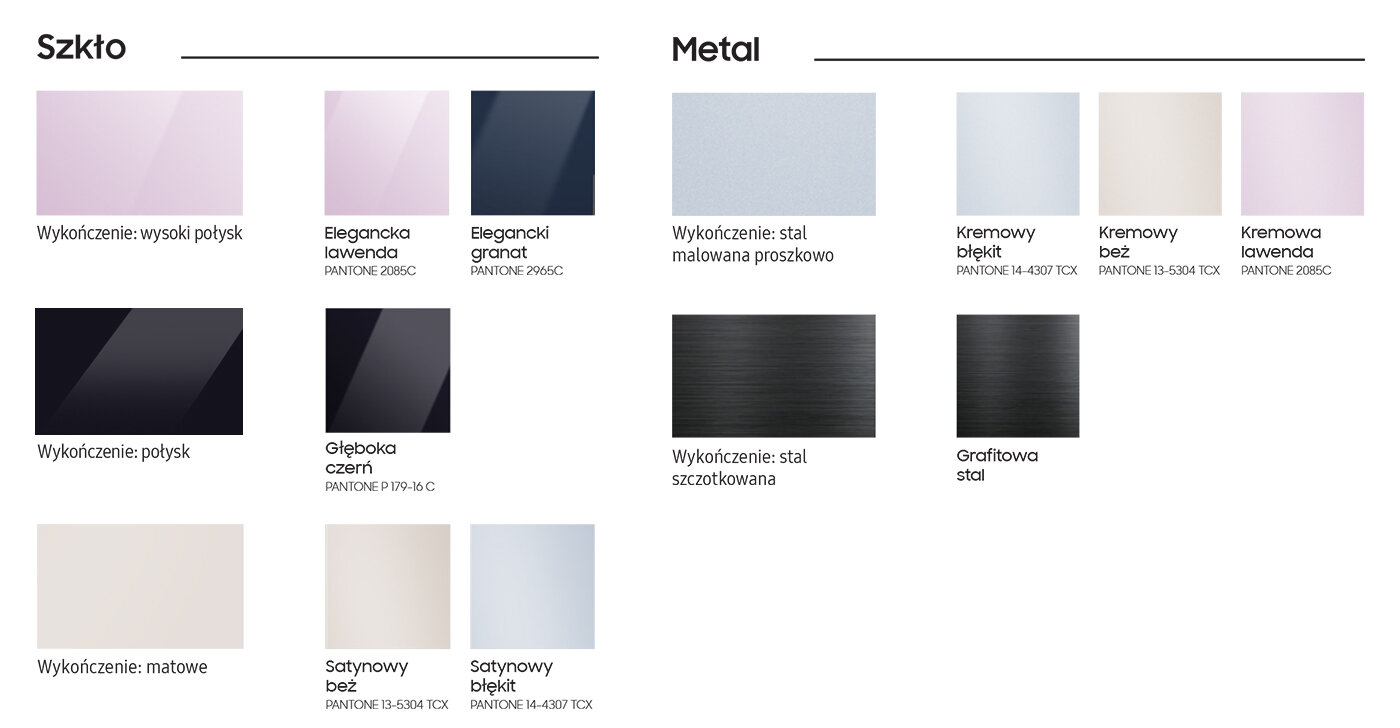 Na wzorniku przedstawiono możliwe warianty wykończenia paneli drzwiowych dostępne dla chłodziarki Samsung BESPOKE RR25A5470AP/EF znajdującej się w ofercie sklepów Media Expert