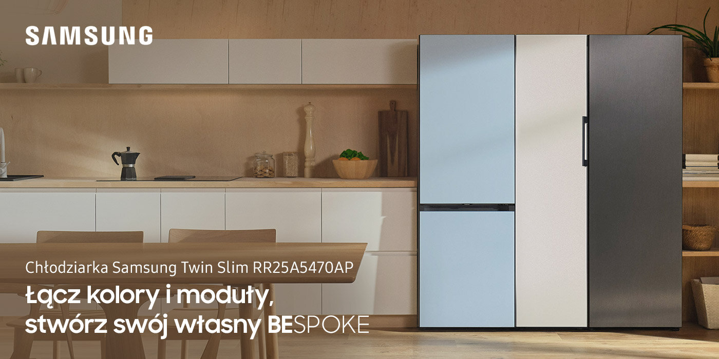 Chłodziarka Twin Slim Samsung BESPOKE RR25A5470AP/EF dostępna w ofercie sklepów Media Expert została pokazana na zdjęciu jako element wielomodułowego zestawu lodówek dopasowanego do zabudowy kuchennej