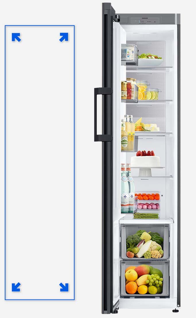 Chłodziarka Samsung BESPOKE Twin Slim RR25A5470AP/EF z oferty sklepu Media Expert dysponuje powiększoną przestrzenią użytkową w porównaniu do urządzeń o podobnych gabarytach za sprawą technologii SpaceMax, co pokazano na zdjęciu otwartego urządzenia wypełnionego produktami