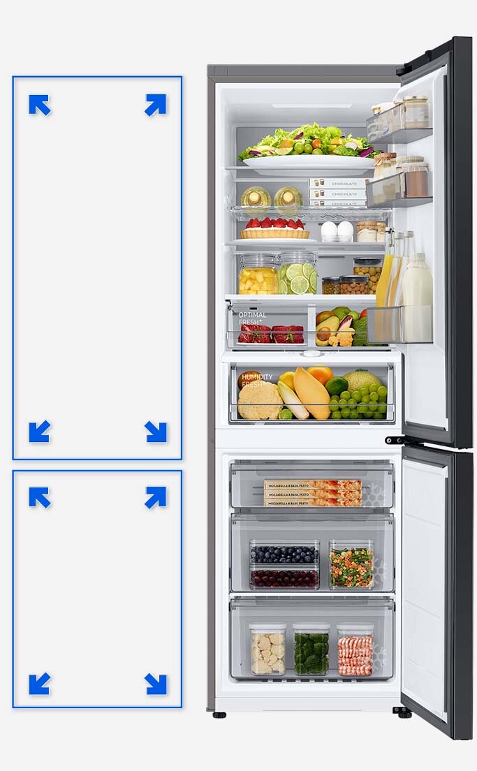 Na wizualizacji przedstawiono przykładowe rozmieszczenie produktów w we wnętrzu lodówki Samsung BESPOKE dostępnej w Media Expert