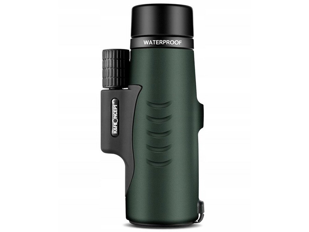 Na obrazie widoczny jest zielony monokular z czarnymi elementami, oznaczony napisem \'K&F CONCEPT\' oraz \'WATERPROOF\'.