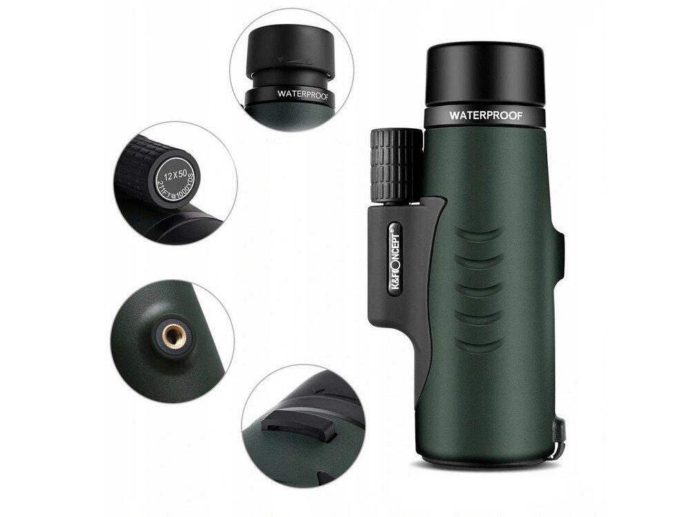 Obraz przedstawia zielony monokular z napisem \'WATERPROOF\' na obiektywie oraz \'K&F CONCEPT\' na bocznej części. Dodatkowe zbliżenia pokazują detale takie jak oznaczenie \'12x50\' oraz elementy konstrukcyjne.