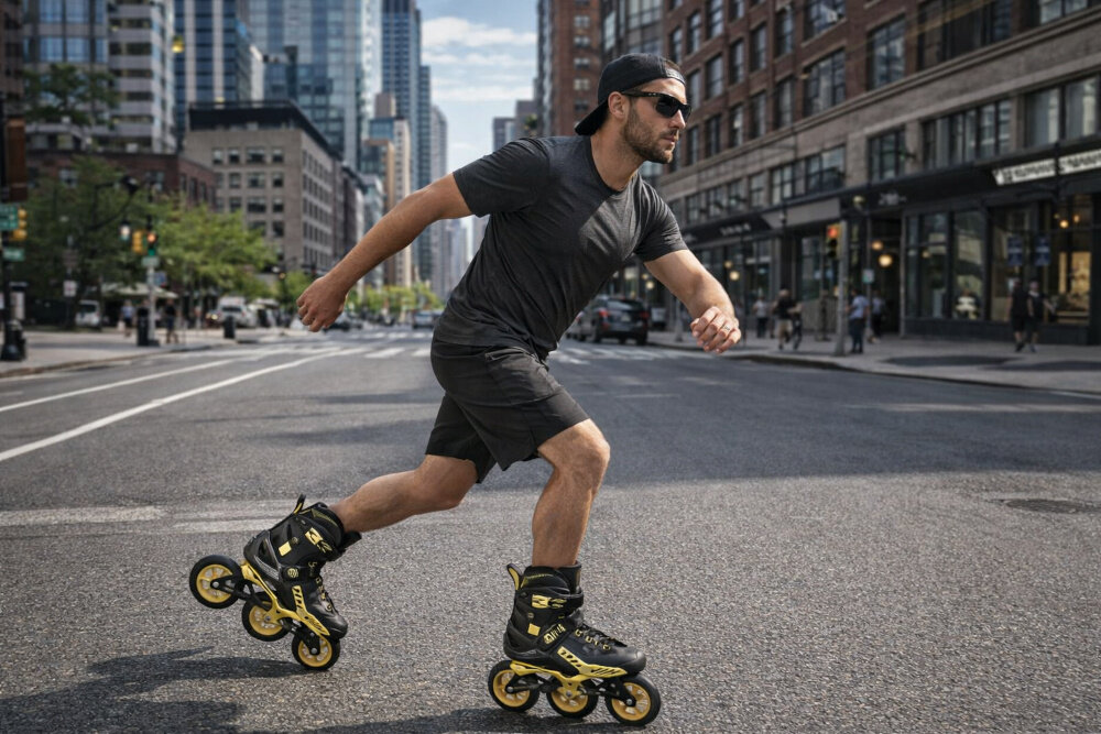 Łyżworolki NILS EXTREME NA20006 (rozmiar 35) miasto ulica osoba w stroju sportowym i łyżworolkach jedzie po ulicy w tle budynki ludzie niebo dynamiczna jazda środek transportu zabawa hobby pasja