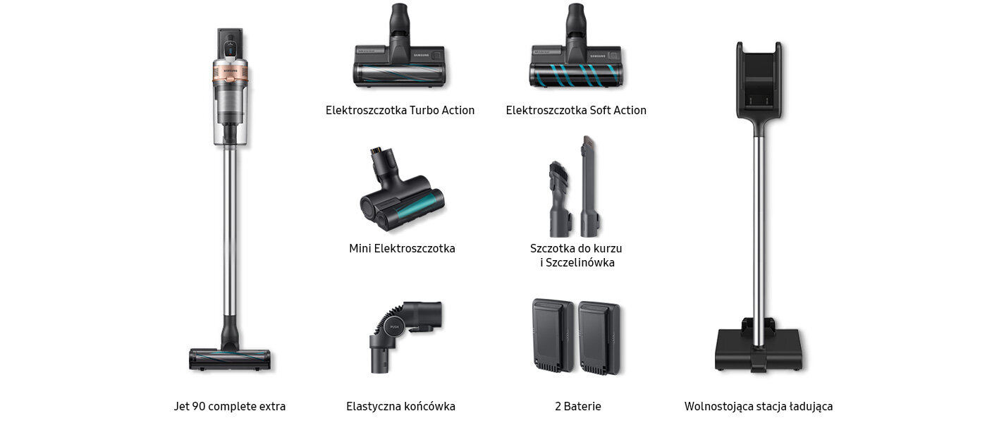 Zdjęcie odkurzacza Samsung VS20R9076T7/GE dostępnego w ofercie Media Expert pokazuje akcesoria dołączone do urządzenia Zdjęcie odkurzacza Samsung VS20R9076T7/GE dostępnego w ofercie Media Expert pokazuje akcesoria dołączone do urządzenia