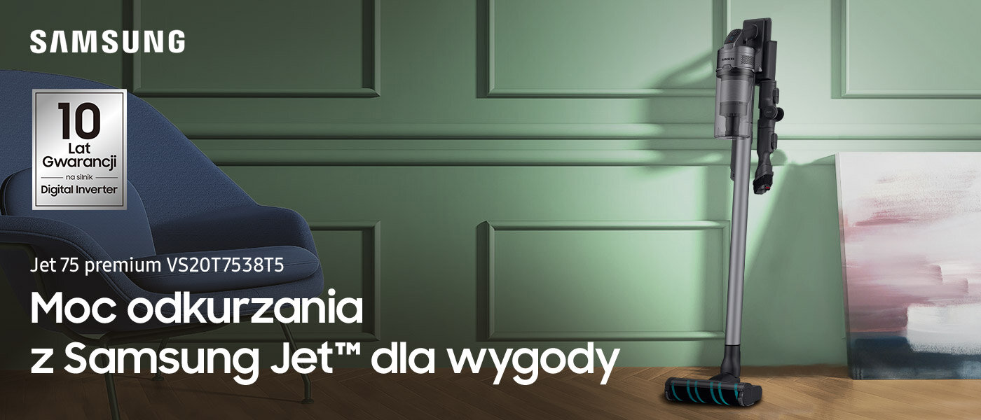 Na zdjęciu pokazano bezprzewodowy odkurzacz Jet 75 premium VS20T7538T5/GE we wnętrzu eleganckiego mieszkania, w otoczeniu mebli i dzieł sztuki Na zdjęciu pokazano bezprzewodowy odkurzacz Jet 75 premium VS20T7538T5/GE we wnętrzu eleganckiego mieszkania, w otoczeniu mebli i dzieł sztuki