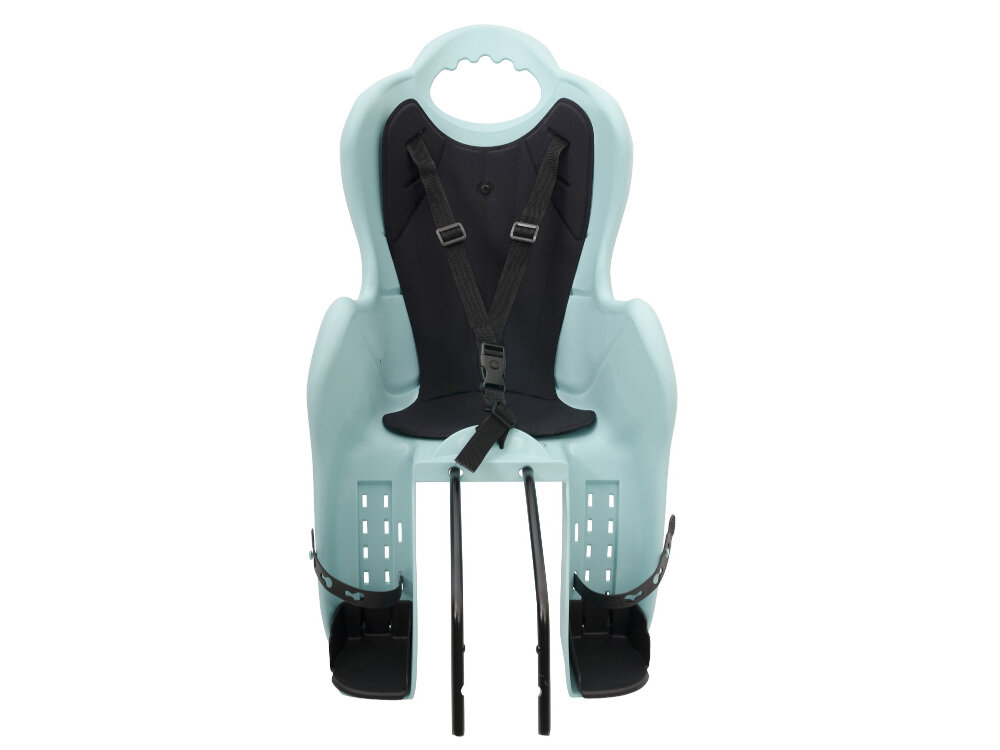 Fotelik rowerowy ELIBAS Lazurowo-czarny w kolorze lazurowym z czarnym pokrowcem profilowana konstrukcja dla dzieci do 7 roku życia maksymalna waga do 22 kg podczas jazdy dzieci muszą zawsze nosić kask