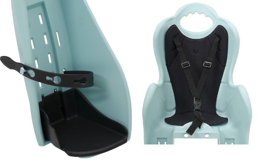 Fotelik rowerowy ELIBAS Lazurowo-czarny pasy ochronne z trzypunktowym blokowaniem osłonki na nogi podnóżki mają regulowaną wysokość nóżki dziecka zabezpieczone przed kontaktem ze szprychami