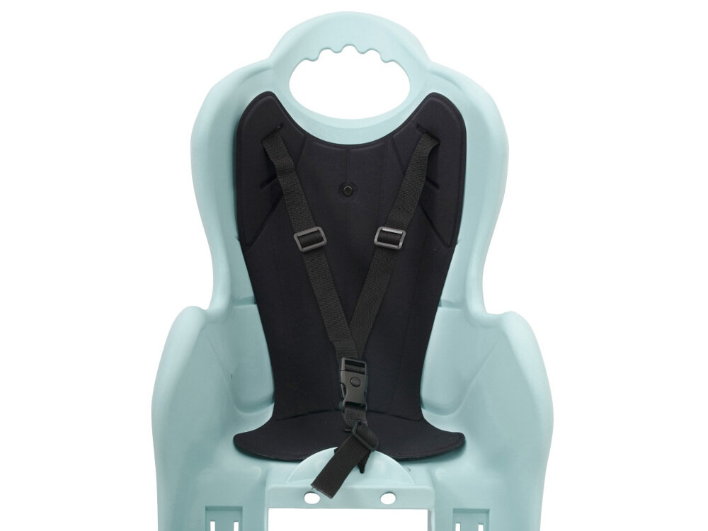 Fotelik rowerowy ELIBAS Lazurowo-czarny miękka poduszka łatwo ściągnąć i wyprać obejmuje całe oparcie i siedzisko wyprofilowane miejsce na kask