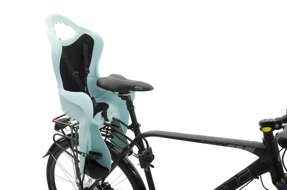 Fotelik rowerowy ELIBAS Lazurowo-czarny mocowany za siodełkiem na amortyzującym wysięgniku na ramie roweru