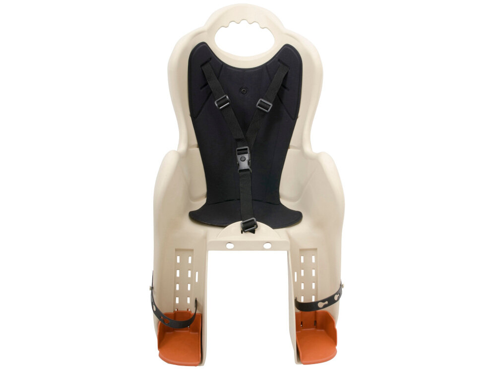 Fotelik rowerowy ELIBAS Cappuccino-czarny w kolorze cappuccino z czarnym pokrowcem profilowana konstrukcja dla dzieci do 7 roku życia maksymalna waga do 22 kg podczas jazdy dzieci muszą zawsze nosić kask