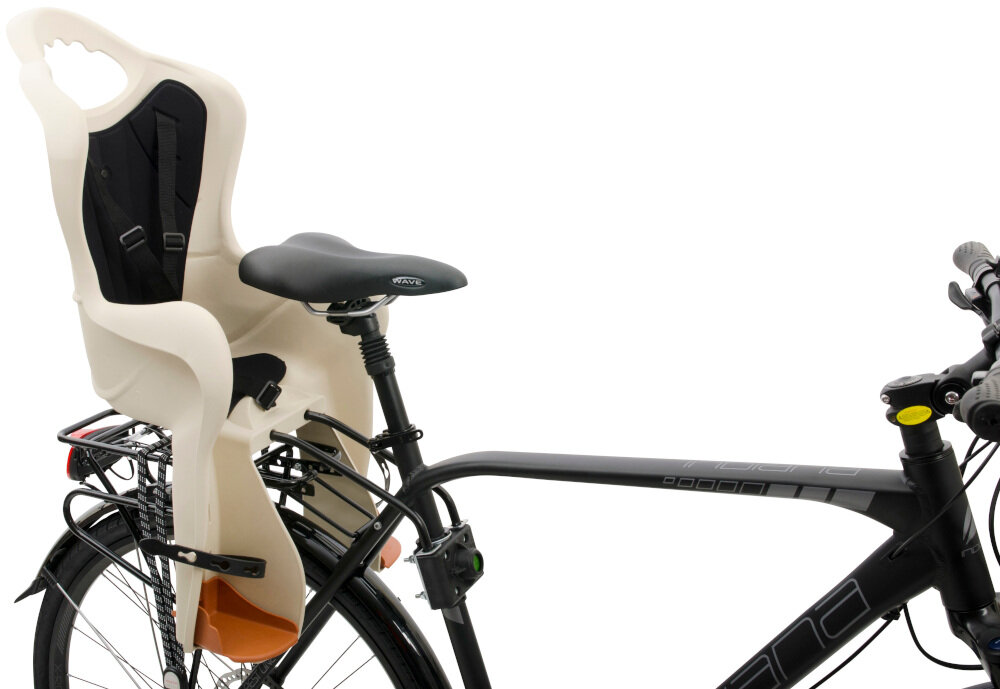 Fotelik rowerowy ELIBAS Cappuccino-czarny mocowany za siodełkiem na amortyzującym wysięgniku na ramie roweru