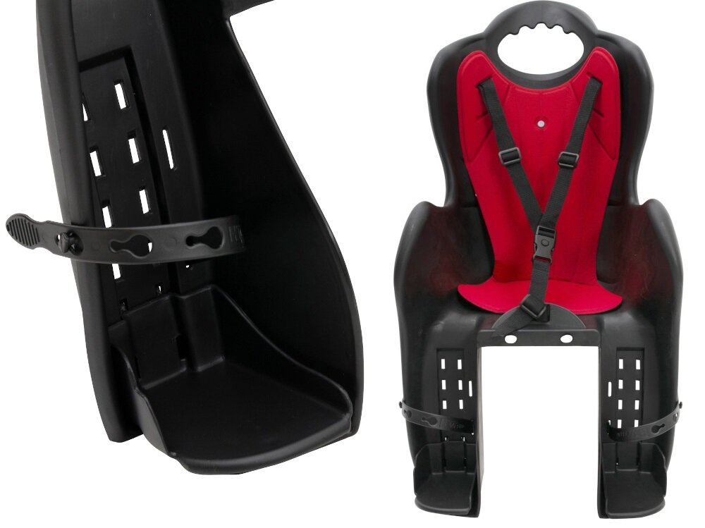 Fotelik rowerowy ELIBAS Czarno-czerwony pasy ochronne z trzypunktowym blokowaniem osłonki na nogi podnóżki mają regulowaną wysokość nóżki dziecka zabezpieczone przed kontaktem ze szprychami