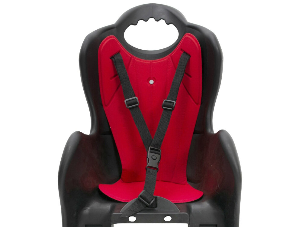 Fotelik rowerowy ELIBAS Czarno-czerwony miękka poduszka łatwo ściągnąć i wyprać obejmuje całe oparcie i siedzisko wyprofilowane miejsce na kask