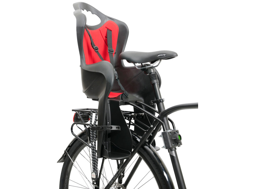 Fotelik rowerowy ELIBAS Czarno-czerwony mocowany za siodełkiem na amortyzującym wysięgniku na ramie roweru