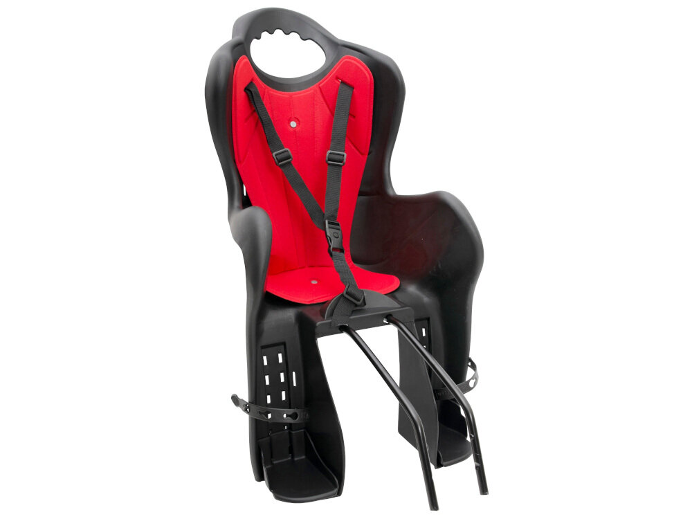 Fotelik rowerowy ELIBAS Czarno-czerwony nie zawiera szkodliwych substancji dla dziecka i otoczenia certyfikat TÜV spełnia normy bezpieczeństwa EN 14344