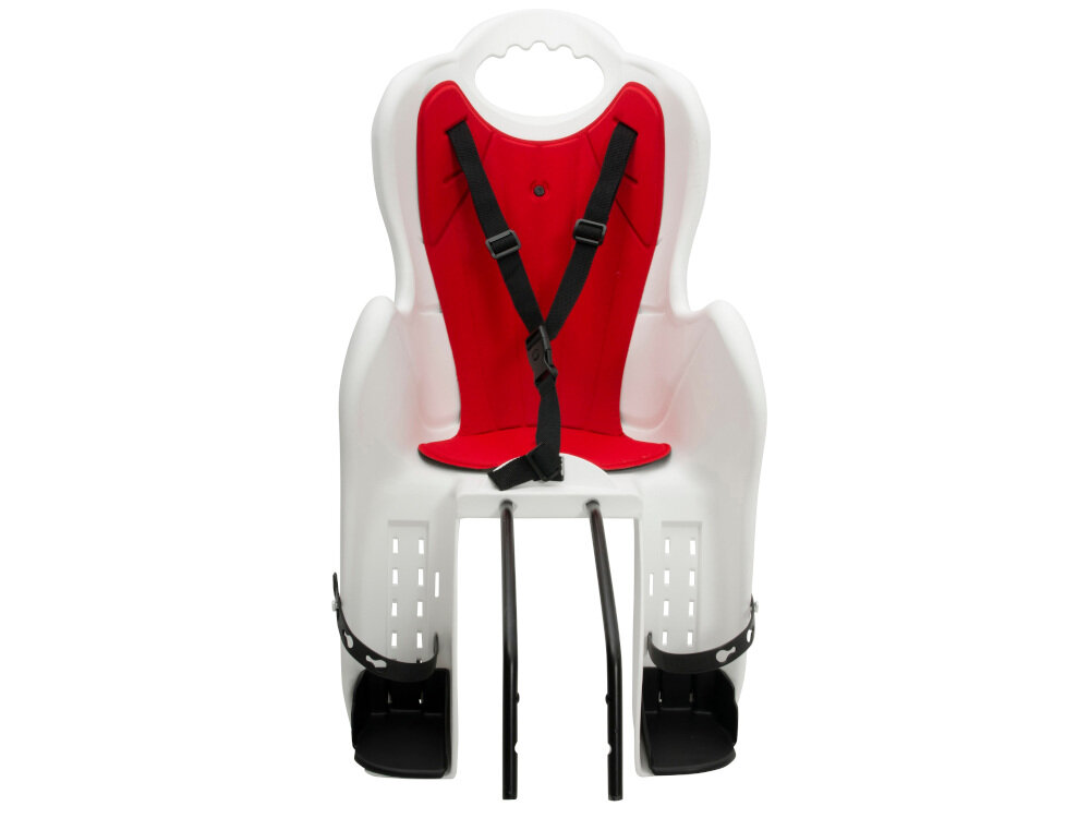 Fotelik rowerowy ELIBAS Biało-czerwony w białym kolorze z czerwonym pokrowcem profilowana konstrukcja dla dzieci do 7 roku życia maksymalna waga do 22 kg podczas jazdy dzieci muszą zawsze nosić kask
