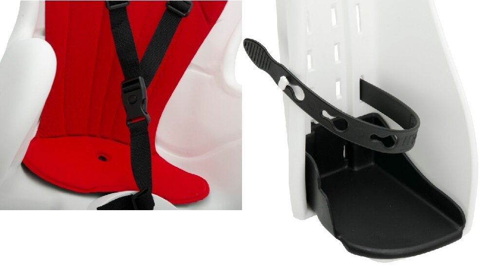 Fotelik rowerowy ELIBAS Biało-czerwony pasy ochronne z trzypunktowym blokowaniem osłonki na nogi podnóżki mają regulowaną wysokość nóżki dziecka zabezpieczone przed kontaktem ze szprychami