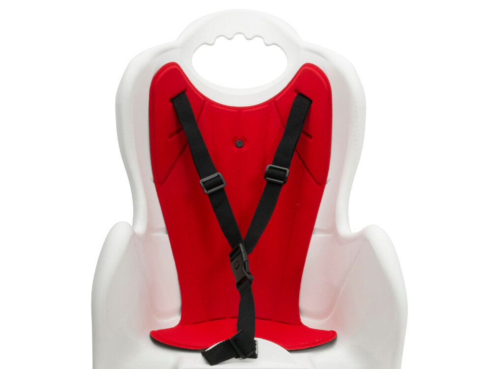 Fotelik rowerowy ELIBAS Biało-czerwony miękka poduszka łatwo ściągnąć i wyprać obejmuje całe oparcie i siedzisko wyprofilowane miejsce na kask