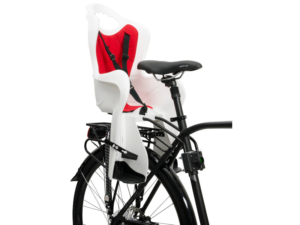 Fotelik rowerowy ELIBAS Biało-czerwony mocowany za siodełkiem na amortyzującym wysięgniku na ramie roweru