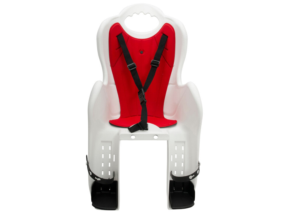 Fotelik rowerowy ELIBAS Biało-czerwony nie zawiera szkodliwych substancji dla dziecka i otoczenia certyfikat TÜV spełnia normy bezpieczeństwa EN 14344