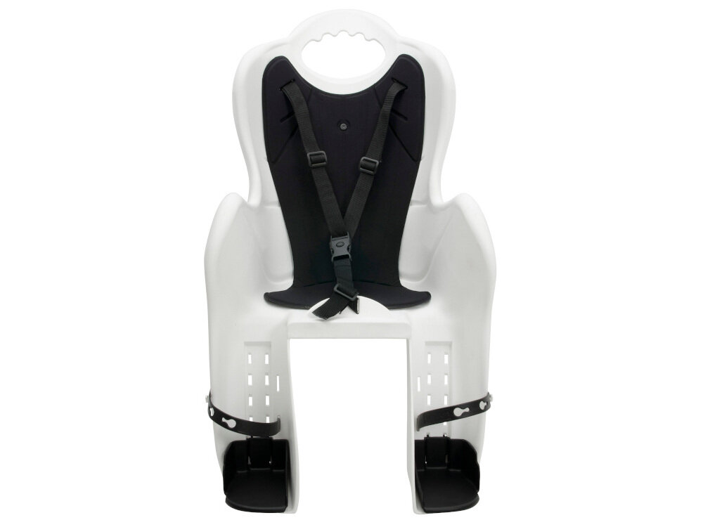 Fotelik rowerowy ELIBAS Biało-czarny w białym kolorze z czarny pokrowcem profilowana konstrukcja dla dzieci do 7 roku życia maksymalna waga do 22 kg podczas jazdy dzieci muszą zawsze nosić kask