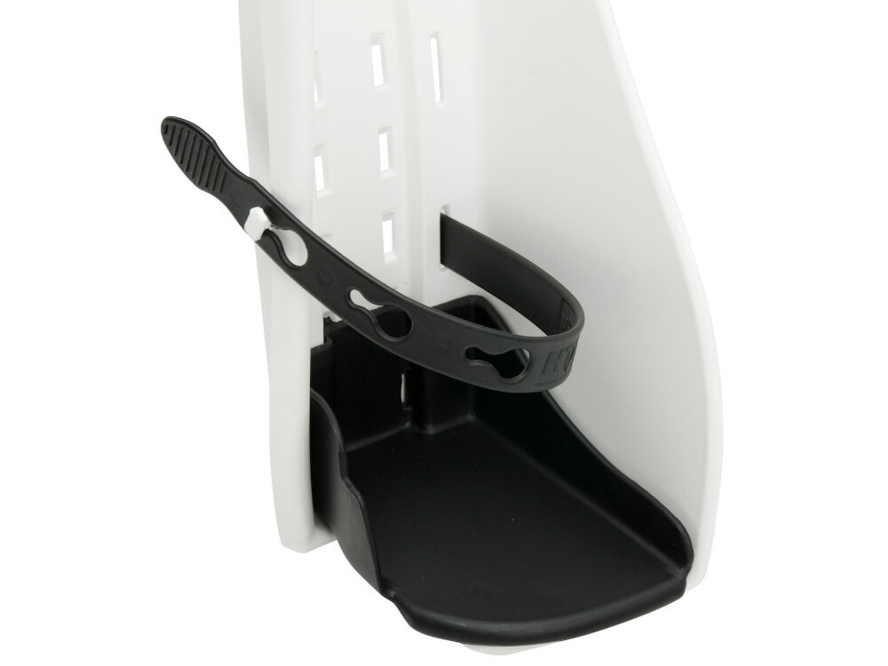 Fotelik rowerowy ELIBAS Biało-czarny pasy ochronne z trzypunktowym blokowaniem osłonki na nogi podnóżki mają regulowaną wysokość nóżki dziecka zabezpieczone przed kontaktem ze szprychami