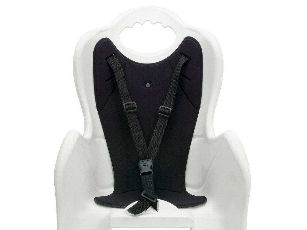 Fotelik rowerowy ELIBAS Biało-czarny miękka poduszka łatwo ściągnąć i wyprać obejmuje całe oparcie i siedzisko wyprofilowane miejsce na kask