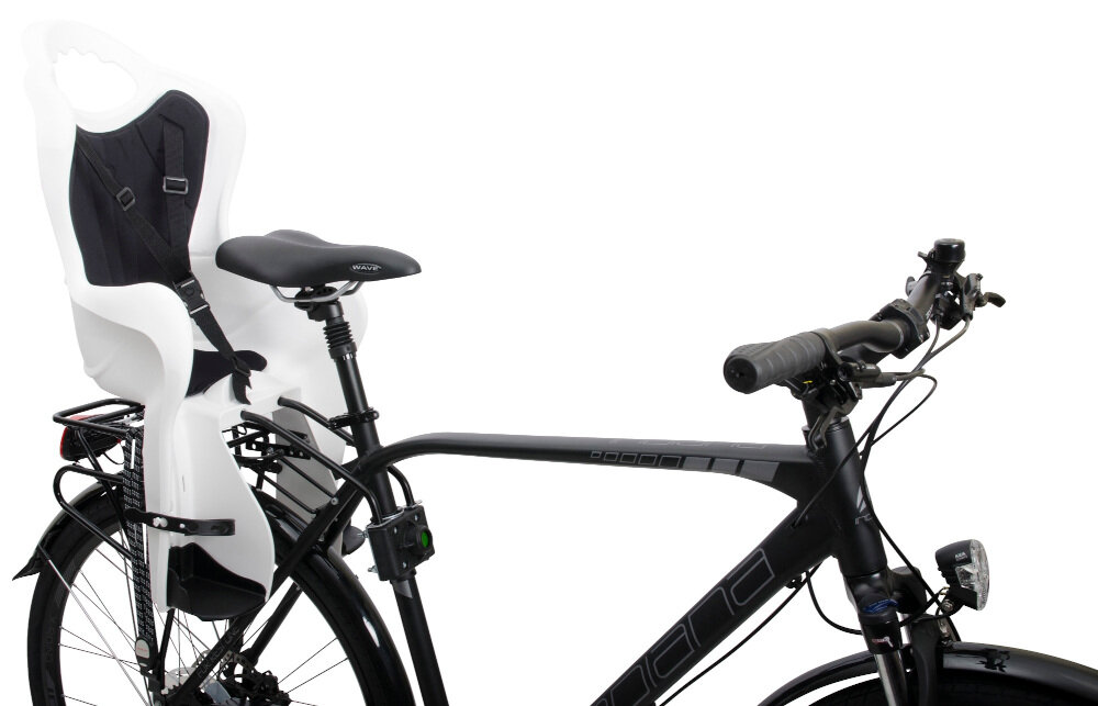 Fotelik rowerowy ELIBAS Biało-czarny mocowany za siodełkiem na amortyzującym wysięgniku na ramie roweru
