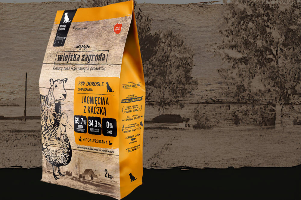 Karma dla psa WIEJSKA ZAGRODA Jagnięcina z kaczką 2 kg dawkowanie analiza sklad