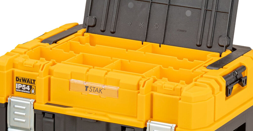 Skrzynka narzędziowa DEWALT DWST83343-1 białe tło zbliżenie na organizer niewielki organizer podzielony na 7 różnych części segregacja akcesoriów i narzędzi skraca czas przygotowania do pracy ułatwia utrzymanie porządku