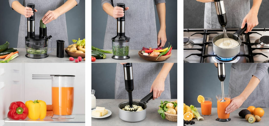 Blender DELIMANO Multipractic Deluxe Noir 6 roznych akcesoriow duzy siekacz maly siekacz trzepaczka kielich ucieracz trzonek