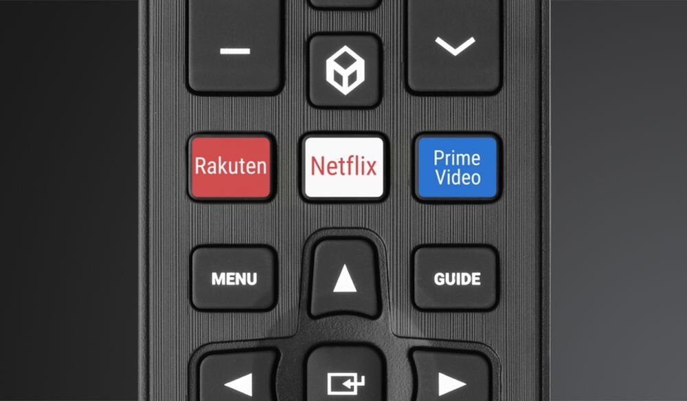 ONE FOR ALL URC4911 pilot LG trzy klawisze VOD Netflix Amazon Prime Video YouTube, Zbliżenie na dedykowane przyciski skrótów VOD na pilocie URC4911