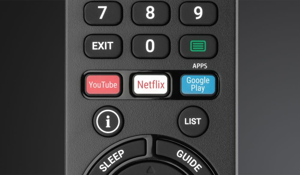 ONE FOR ALL URC4912 pilot Sony trzy klawisze VOD YouTube Netflix Google Play, Zbliżenie na dedykowane przyciski YouTube, Netflix i Google Play na pilocie