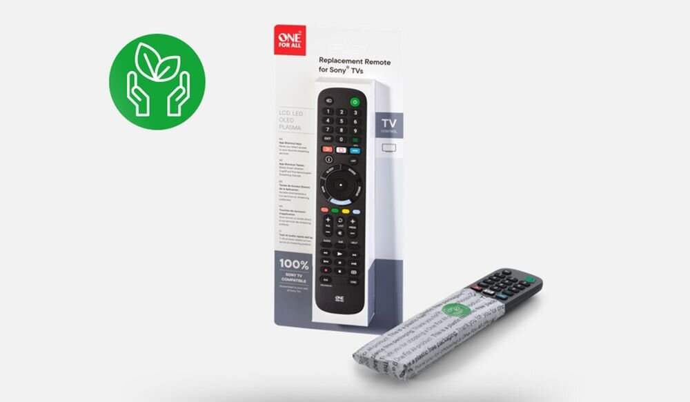 ONE FOR ALL URC4912 pilot Sony ekologiczne opakowanie bez jednorazowego plastiku recykling, Ekologiczne, całkowicie pozbawione plastiku opakowanie pilota URC4912