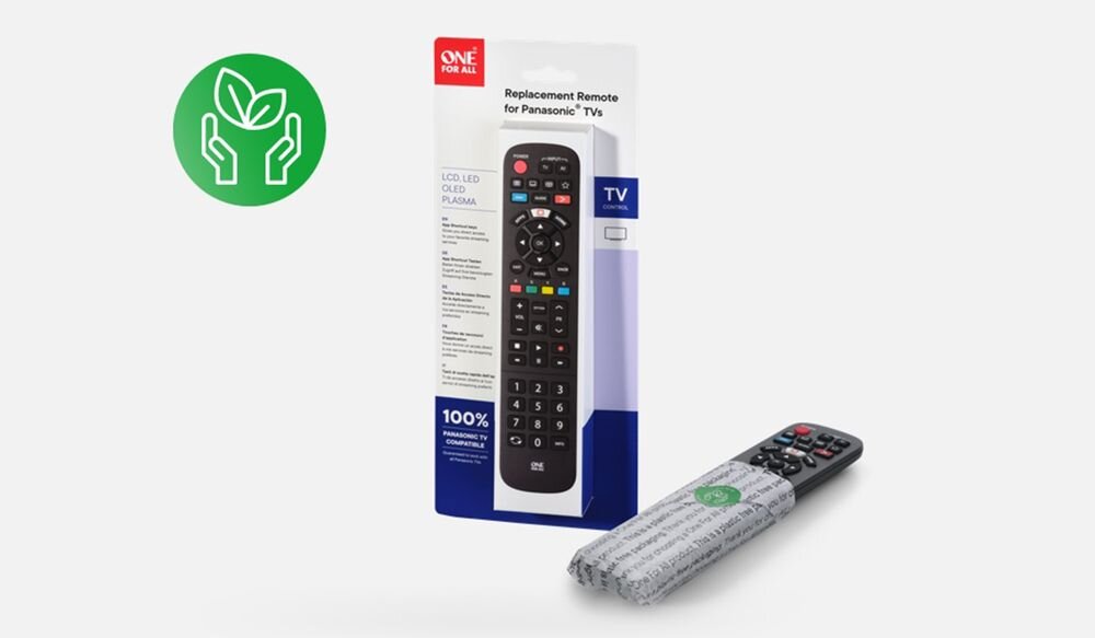 ONE FOR ALL URC 4914 pilot Panasonic opakowanie bez jednorazowych tworzyw 100% recykling, Ekologiczne, w 100 procentach pozbawione plastiku opakowanie pilota One For All URC4914