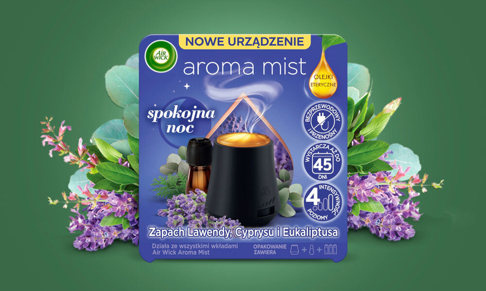Odświeżacz powietrza AIR WICK Spokojna Noc Aromatyczna Mgiełka Lawenda, cyprys i eukaliptus 20 ml wygląd owoce
