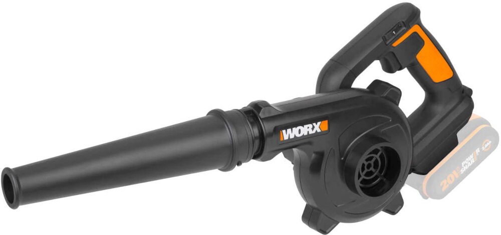 Dmuchawa akumulatorowa WORX WX094.9 zasilana przez akumulator litowo-jonowy napięcie 20 V wymienny z innymi narzędziami marki WORX 20 V dłuższy czas pracy dłuższa żywotność większa trwałość wydajność model bez akumulatora i ładowarki