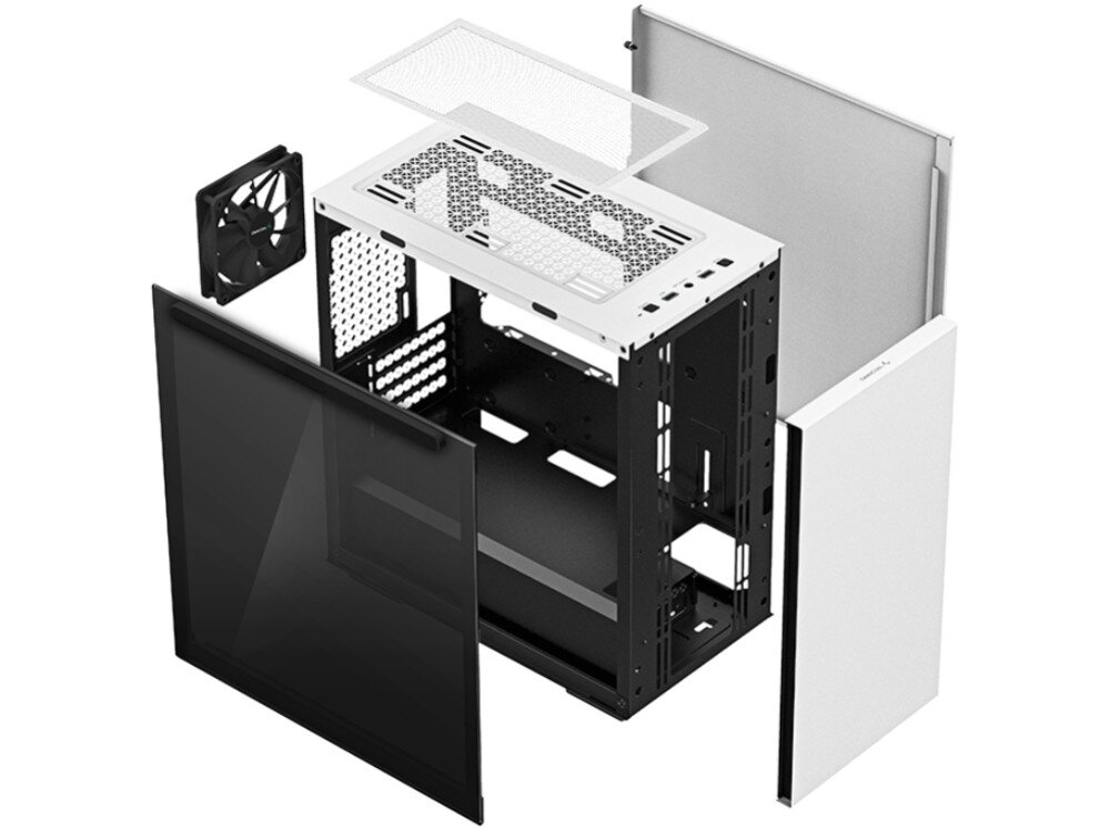 Obudowa DEEPCOOL Macube 110 WH Grafika przedstawiająca rozłożoną obudowę komputera z widocznymi oddzielnymi panelami: przednim pełnym, górnym z siatką mesh, bocznym przeszklonym i tylnym pełnym, a także jednym wentylatorem i pustym wnętrzem