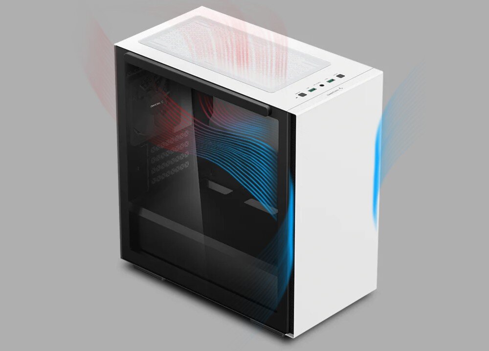 Obudowa DEEPCOOL Macube 110 WH Ilustracja pokazująca obieg powietrza w obudowie komputera, z niebieskimi liniami symbolizującymi chłodne powietrze wchodzące od przodu i dołu, oraz czerwonymi liniami symbolizującymi ciepłe powietrze wychodzące tyłem i górą