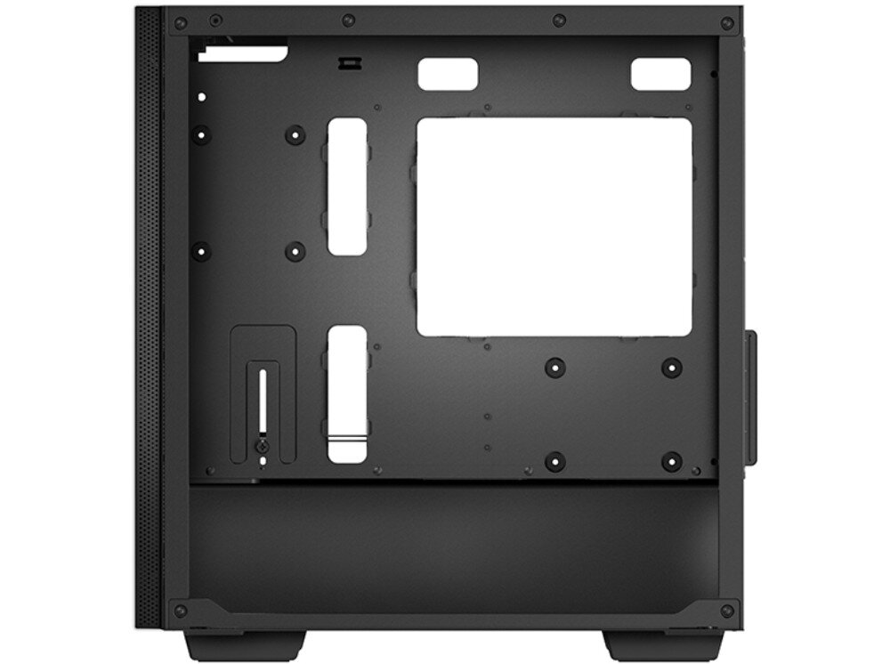 Obudowa DEEPCOOL Macube 110 WH Pusty widok z boku na wnętrze obudowy komputera bez zamontowanych podzespołów, pokazujący płytę montażową z otworami na kable i klatkę na dyski twarde u dołu