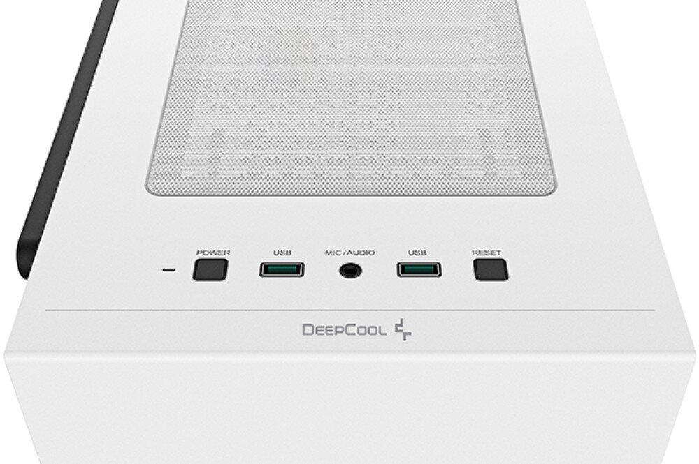 Obudowa DEEPCOOL Macube 110 WH Zbliżenie na górny panel obudowy komputera z przyciskami 'Power' i 'Reset', dwoma portami USB z zielonym wnętrzem, gniazdem audio 'Mic/Audio' oraz napisem 'DeepCool' na przedniej krawędzi, obok siatki mesh