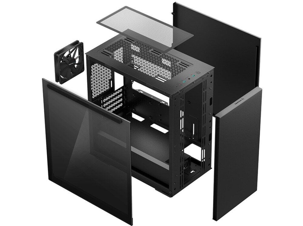 Obudowa DEEPCOOL Macube 110 Grafika przedstawiająca rozłożoną czarną obudowę komputera z widocznymi oddzielnymi panelami: przednim pełnym, górnym z siatką mesh, bocznym przeszklonym i tylnym pełnym, a także jednym wentylatorem i pustym wnętrzem