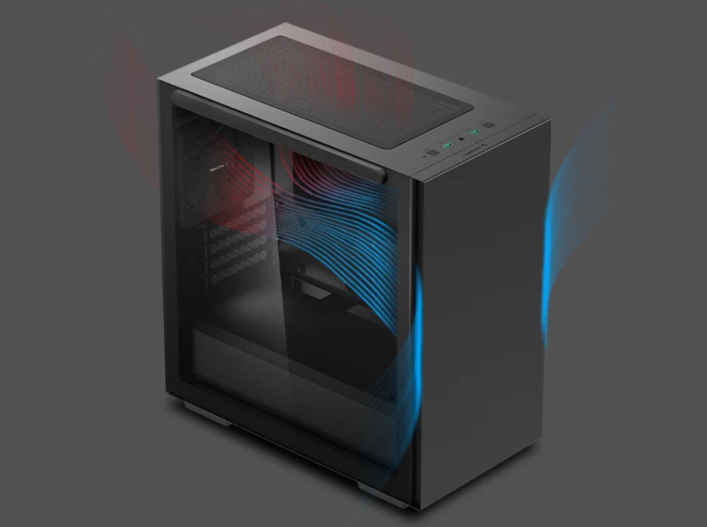 Obudowa DEEPCOOL Macube 110 Ilustracja pokazująca obieg powietrza w czarnej obudowie komputera, z niebieskimi liniami symbolizującymi chłodne powietrze wchodzące od przodu i dołu, oraz czerwonymi liniami symbolizującymi ciepłe powietrze wychodzące tyłem i górą