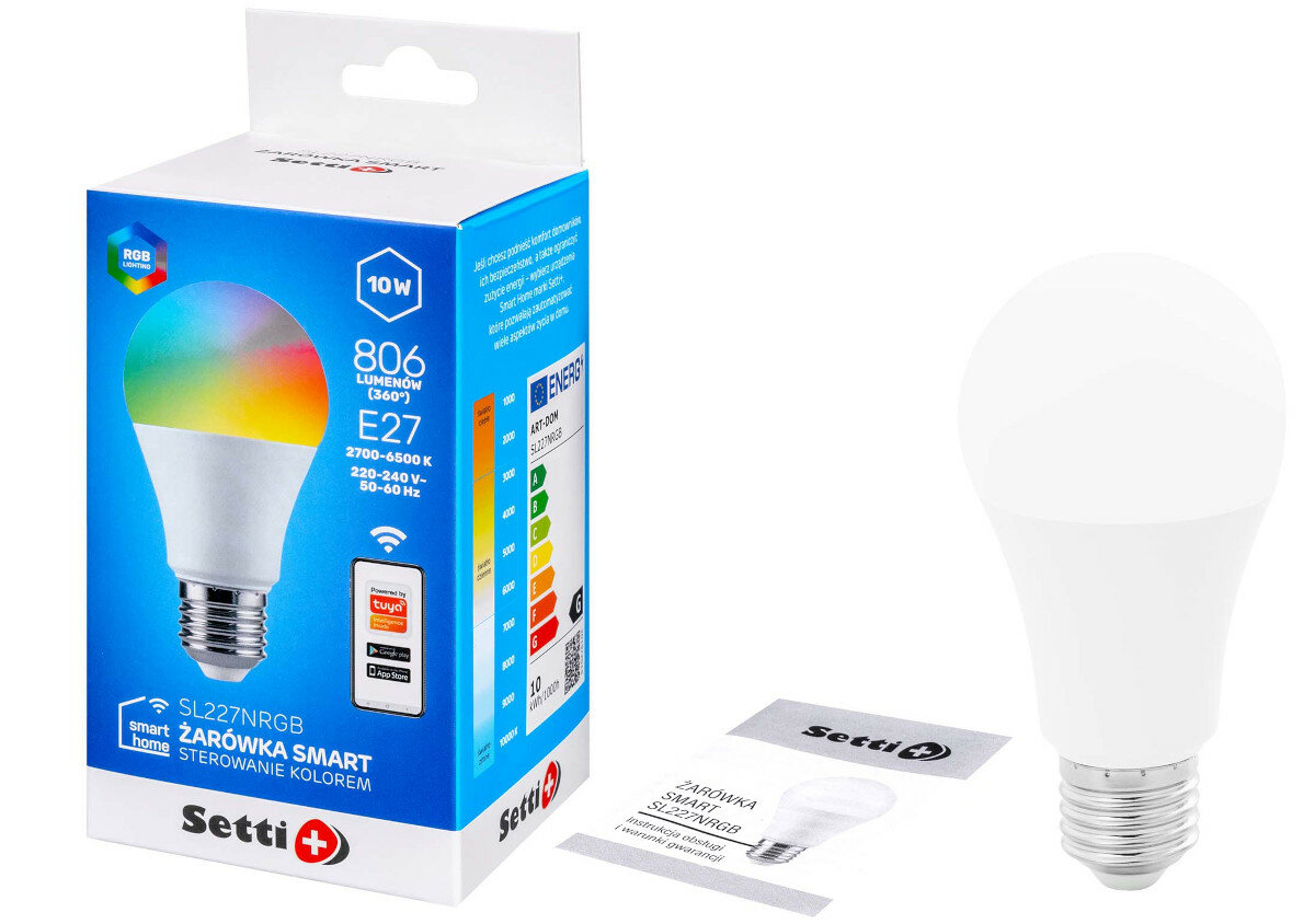 Inteligentna żarówka LED SETTI+ SL227RGB 10W E27 WiFi zawartosc opakowania