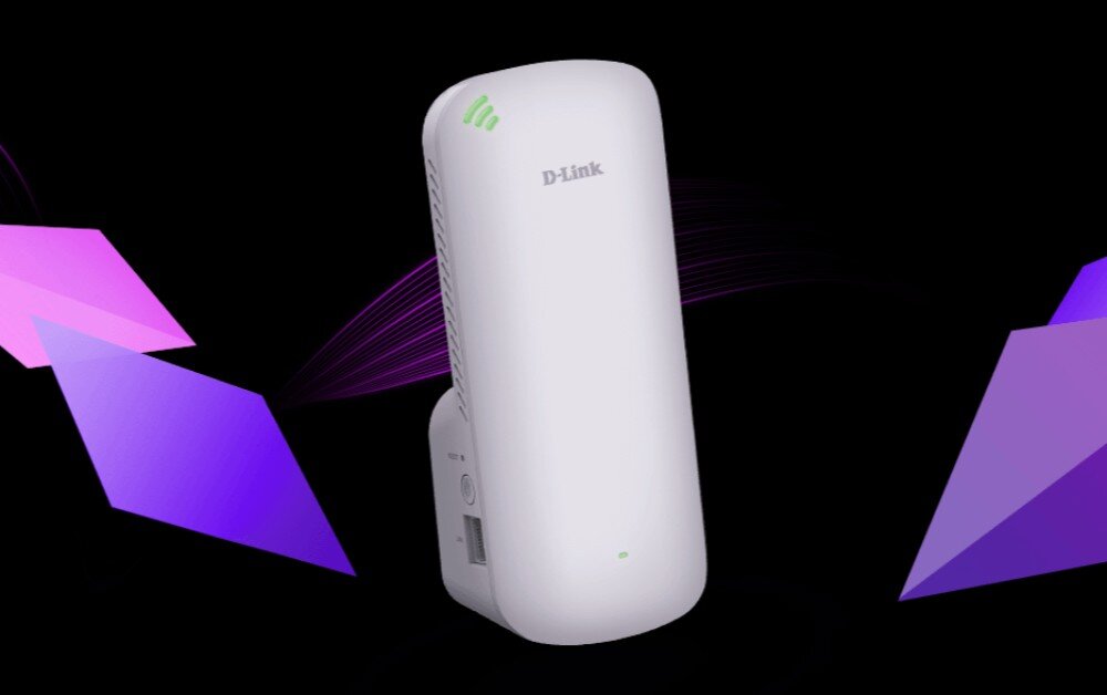 Wzmacniacz sieci D-LINK DAP-X1860 Biały wzmacniacz Wi-Fi na czarnym tle z fioletowymi, geometrycznymi elementami, opis