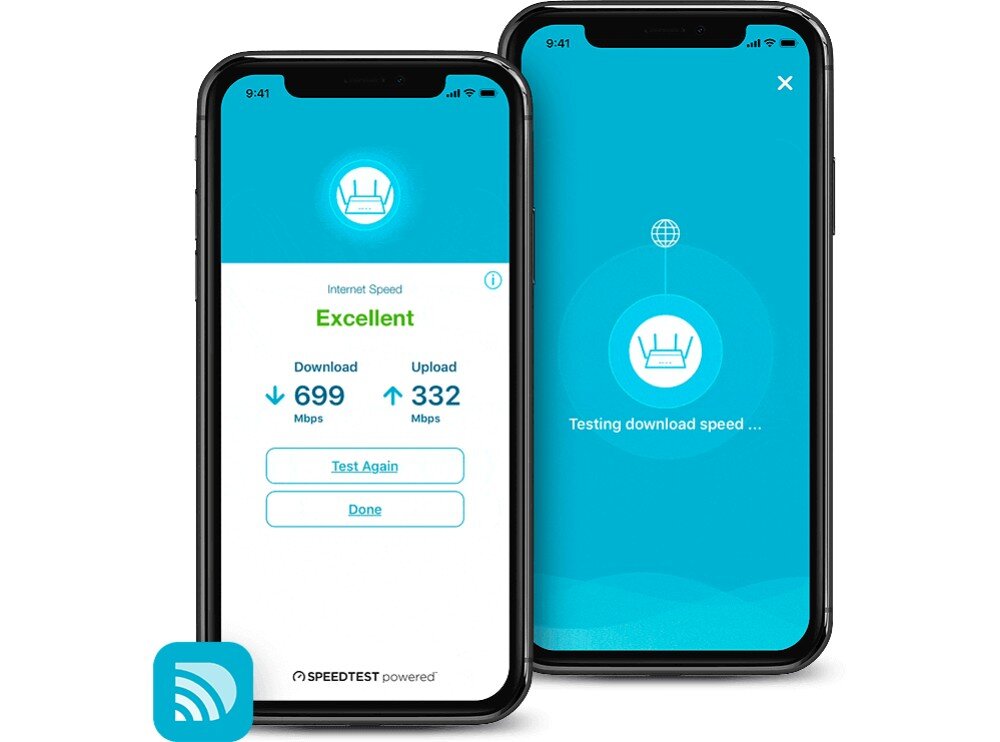 Wzmacniacz sieci D-LINK DAP-X1860 Dwa smartfony wyświetlające ekran aplikacji do zarządzania siecią, aplikacja, ustawienia