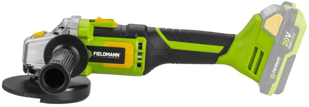 Szlifierka kątowa FIELDMANN FDUB 70605-0 szlifierka na białym tle widoczna z boku system baterii FAST POWER 20 V zasilana jest akumulatorem Li-Ion 20 V mobilność i wygoda prędkość obrotową do 7500 obr./min płynne i szybkie cięcie szlifowanie i polerowanie